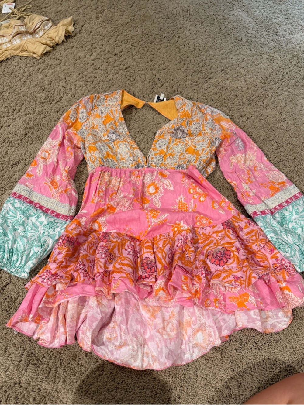 Hemant and Nandita Pink Orange Blue puff sleeve open back dress